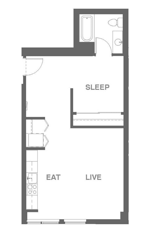 Floor plan for 1 bed, 1 bath, 607 sqft